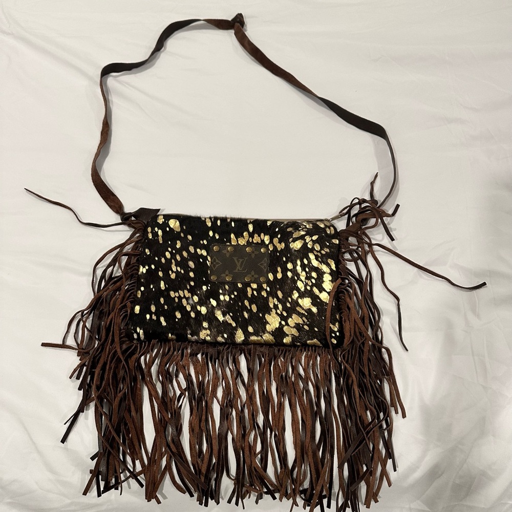Brown and Gold Fringed Women's Bag